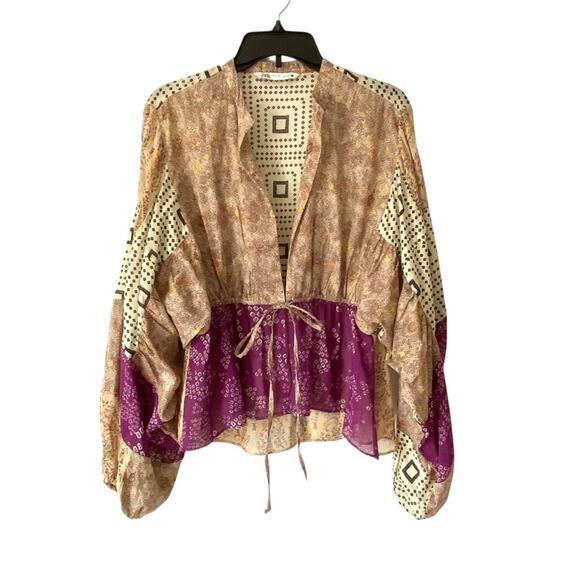 Zara Blogger Favorite Open Tie Front Bohemian Patchwork Blouse size large - Picture 2 of 9